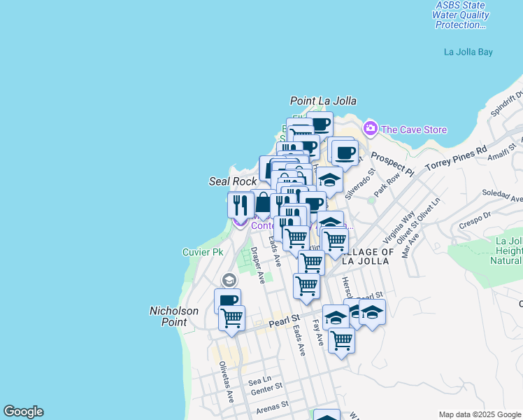 map of restaurants, bars, coffee shops, grocery stores, and more near 7852 Eads Avenue in San Diego