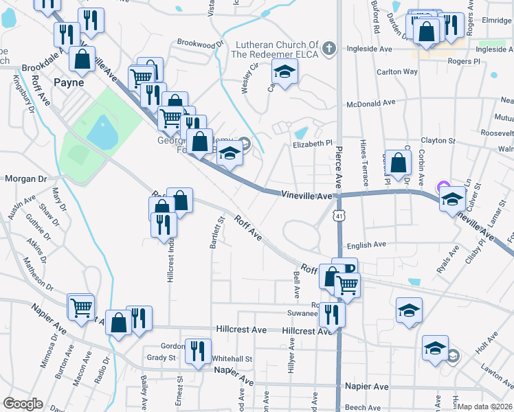 map of restaurants, bars, coffee shops, grocery stores, and more near 140 Alabama Avenue in Macon