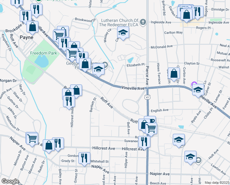 map of restaurants, bars, coffee shops, grocery stores, and more near 141 Florida Ave in Macon