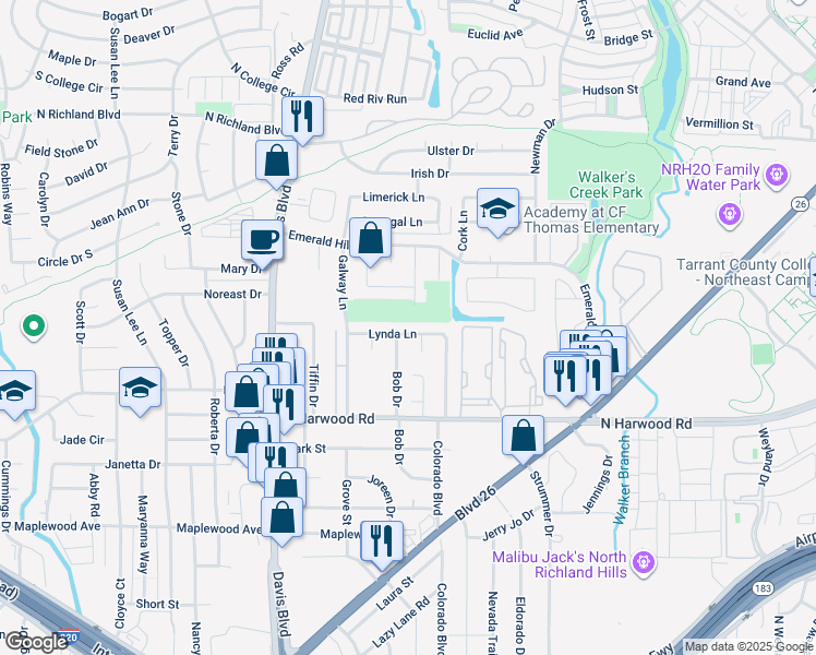 map of restaurants, bars, coffee shops, grocery stores, and more near 8005 Lynda Lane in Fort Worth