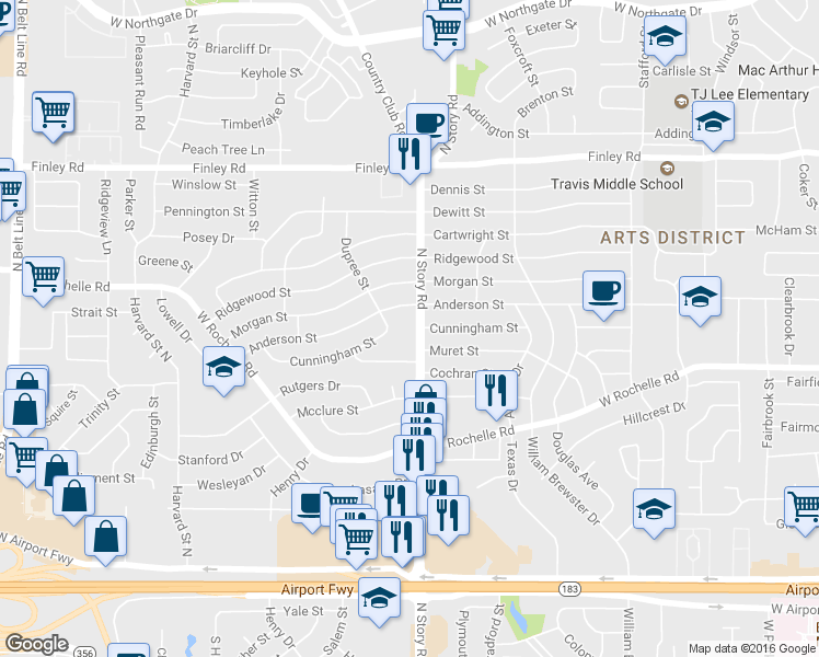 map of restaurants, bars, coffee shops, grocery stores, and more near 2821 North Story Road in Irving