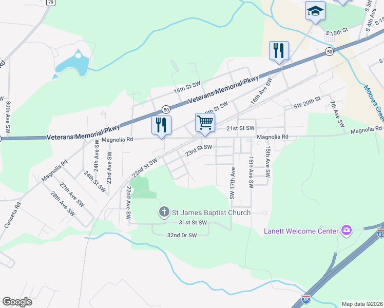 map of restaurants, bars, coffee shops, grocery stores, and more near 1929 23rd Street Southwest in Lanett