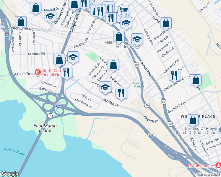 map of restaurants, bars, coffee shops, grocery stores, and more near 2228 Becker Street in North Charleston