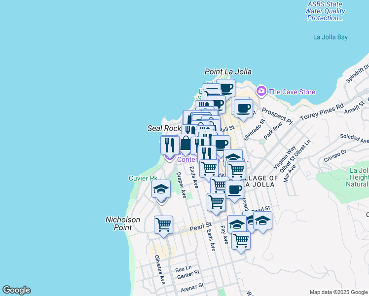 map of restaurants, bars, coffee shops, grocery stores, and more near 800 Prospect Street in San Diego