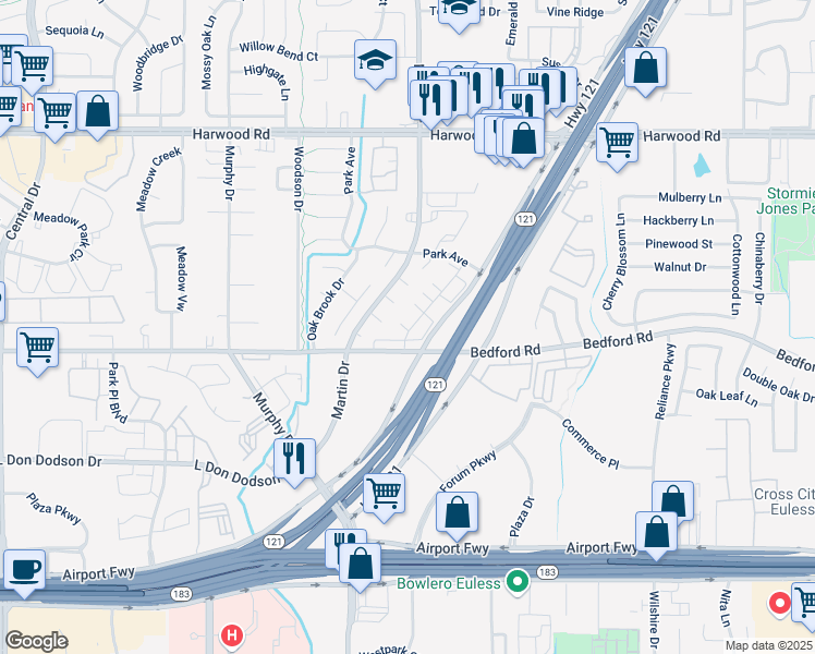map of restaurants, bars, coffee shops, grocery stores, and more near 2401 Durango Ridge Dr in Bedford