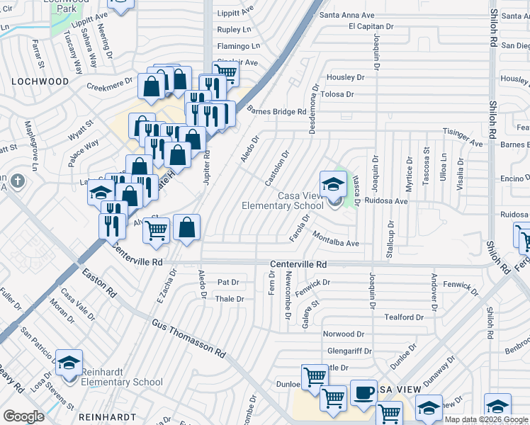 map of restaurants, bars, coffee shops, grocery stores, and more near 10907 Desdemona Drive in Dallas