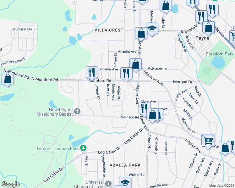map of restaurants, bars, coffee shops, grocery stores, and more near 3536 Thorpe Street in Macon