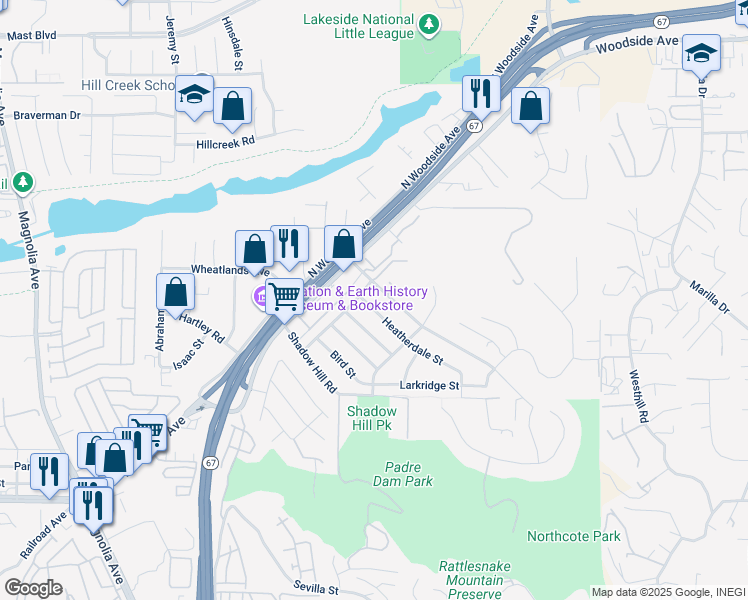 map of restaurants, bars, coffee shops, grocery stores, and more near 9257 Heatherdale Street in Santee
