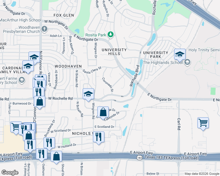 map of restaurants, bars, coffee shops, grocery stores, and more near 2909 Coronado Street in Irving