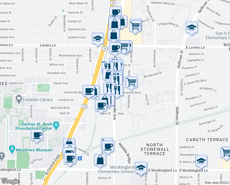 map of restaurants, bars, coffee shops, grocery stores, and more near Greenville Avenue & East University Boulevard in Dallas