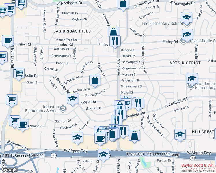 map of restaurants, bars, coffee shops, grocery stores, and more near 2507 Cunningham Street in Irving