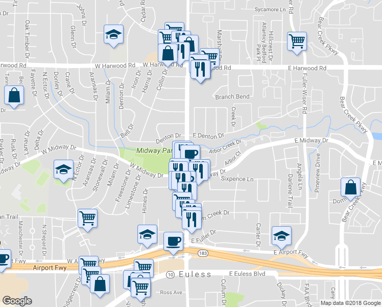 map of restaurants, bars, coffee shops, grocery stores, and more near 105 Arbor Creek Drive in Euless
