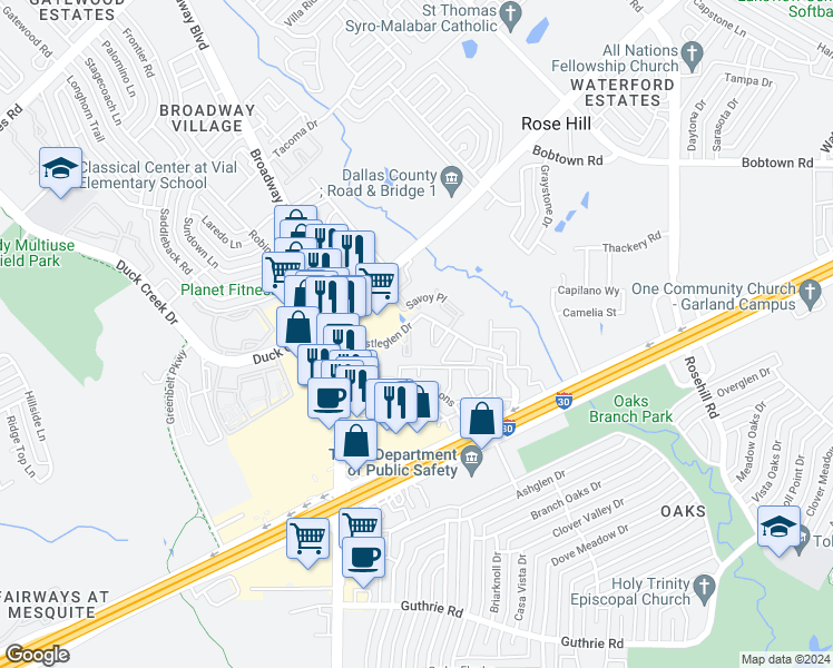 map of restaurants, bars, coffee shops, grocery stores, and more near 656 Castleglen Drive in Garland