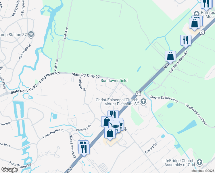 map of restaurants, bars, coffee shops, grocery stores, and more near 1112 Hidden Cove Drive in Mount Pleasant