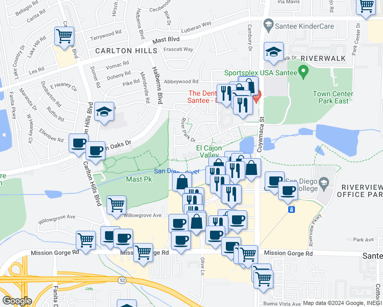 map of restaurants, bars, coffee shops, grocery stores, and more near 168 River Rock Court in Santee