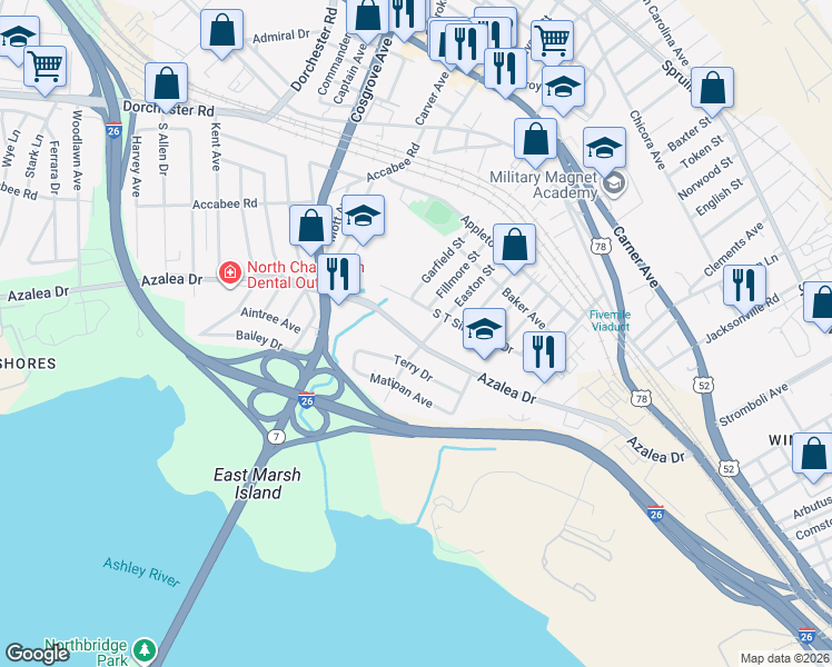 map of restaurants, bars, coffee shops, grocery stores, and more near 3100 Azalea Drive in North Charleston