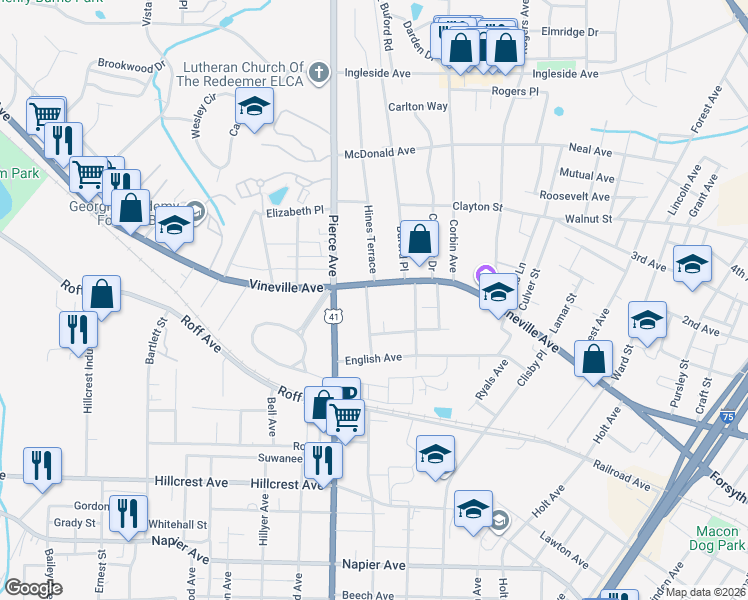 map of restaurants, bars, coffee shops, grocery stores, and more near 123 Cleveland Avenue in Macon