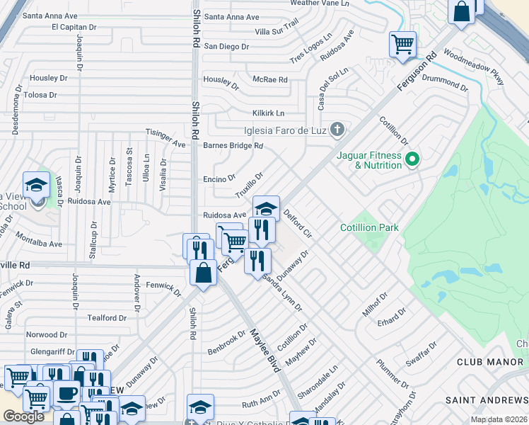 map of restaurants, bars, coffee shops, grocery stores, and more near 11005 Ferguson Road in Dallas