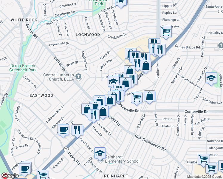 map of restaurants, bars, coffee shops, grocery stores, and more near 10715 Garland Road in Dallas