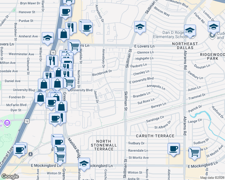 map of restaurants, bars, coffee shops, grocery stores, and more near 4811 Amesbury Drive in Dallas