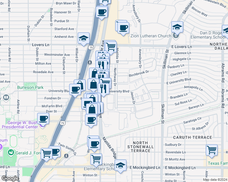map of restaurants, bars, coffee shops, grocery stores, and more near in Dallas