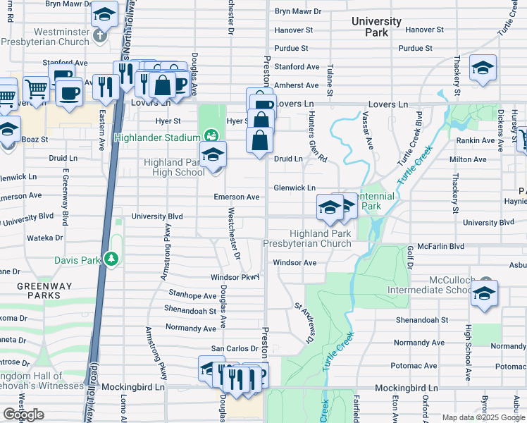 map of restaurants, bars, coffee shops, grocery stores, and more near 4034 University Boulevard in Dallas