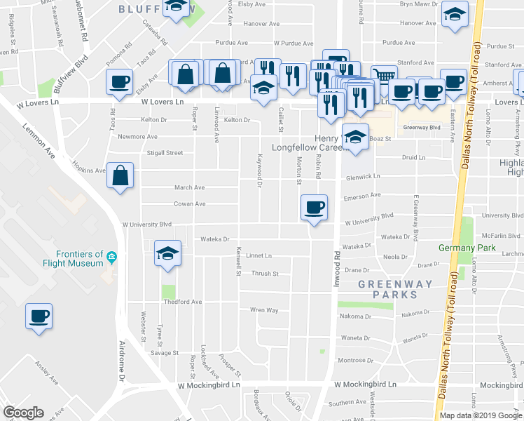 map of restaurants, bars, coffee shops, grocery stores, and more near 5501 Purdue Avenue in Dallas