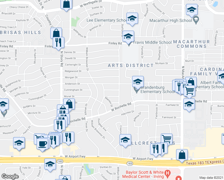 map of restaurants, bars, coffee shops, grocery stores, and more near North Irving Heights Drive in Irving
