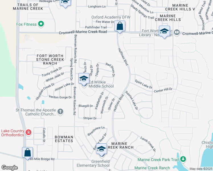 map of restaurants, bars, coffee shops, grocery stores, and more near 6056 Texas Shiner Drive in Fort Worth
