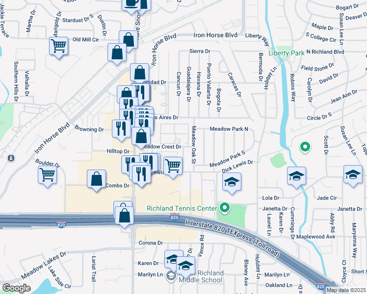 map of restaurants, bars, coffee shops, grocery stores, and more near 6898 Meadow Crest Drive in North Richland Hills