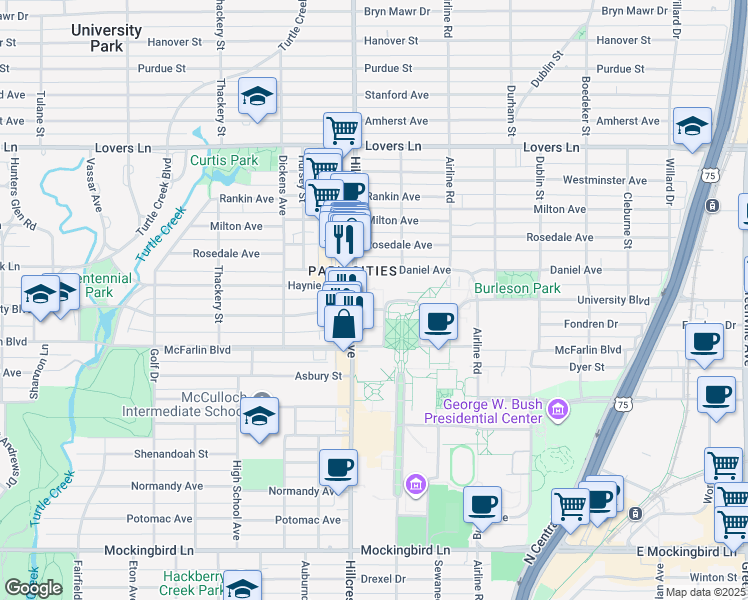 map of restaurants, bars, coffee shops, grocery stores, and more near 3330 University Boulevard in Dallas
