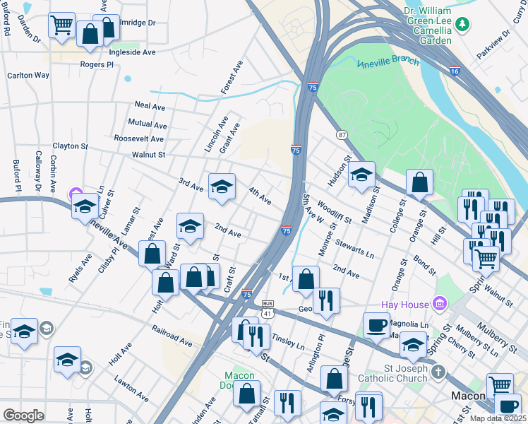 map of restaurants, bars, coffee shops, grocery stores, and more near 1759 3rd Ave in Macon