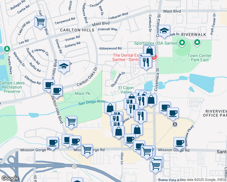 map of restaurants, bars, coffee shops, grocery stores, and more near 140 River Rock Court in Santee