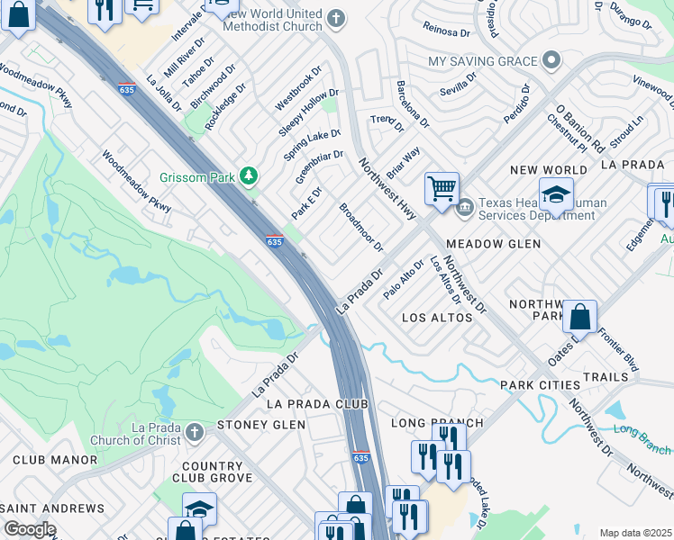 map of restaurants, bars, coffee shops, grocery stores, and more near 1114 Heritage Drive in Garland