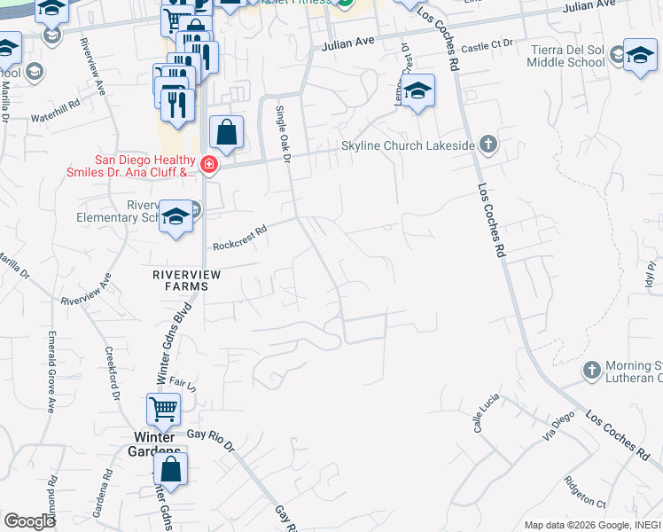 map of restaurants, bars, coffee shops, grocery stores, and more near 9267 Single Oak Drive in Lakeside