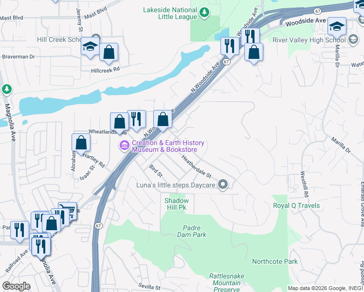 map of restaurants, bars, coffee shops, grocery stores, and more near 9257 Heatherdale Street in Santee