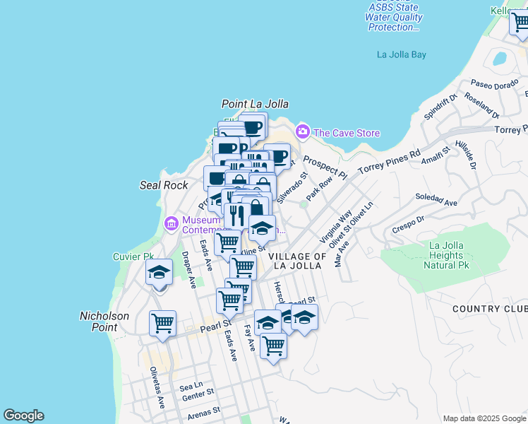 map of restaurants, bars, coffee shops, grocery stores, and more near 1041 Silverado Street in San Diego