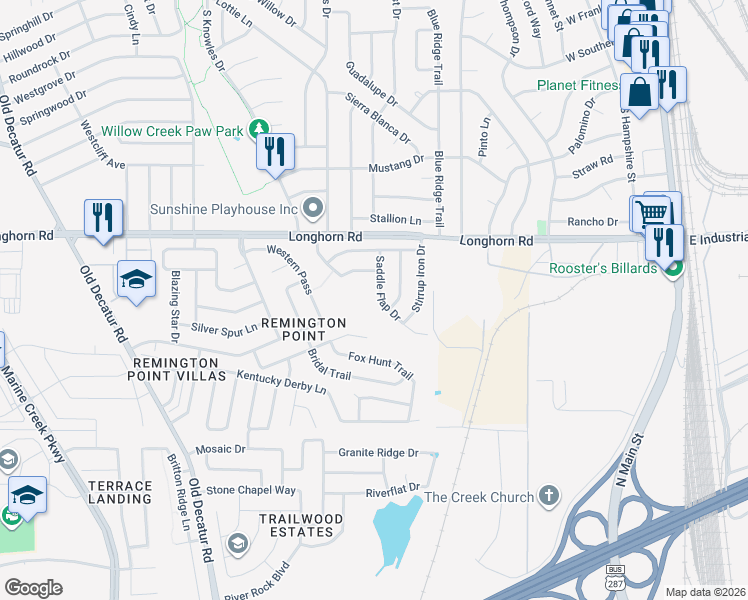 map of restaurants, bars, coffee shops, grocery stores, and more near 5977 Saddle Flap in Fort Worth