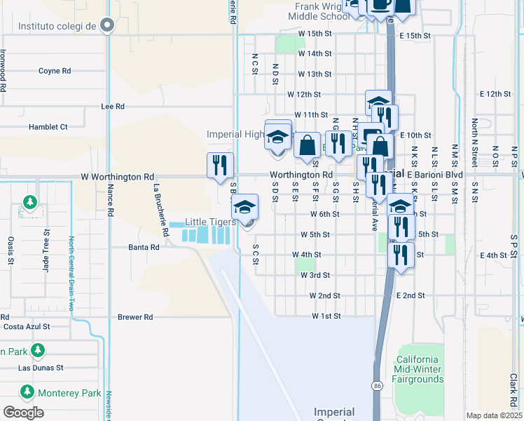 map of restaurants, bars, coffee shops, grocery stores, and more near 303 South D Street in Imperial