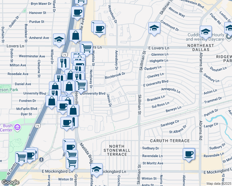 map of restaurants, bars, coffee shops, grocery stores, and more near 5918 East University Boulevard in Dallas