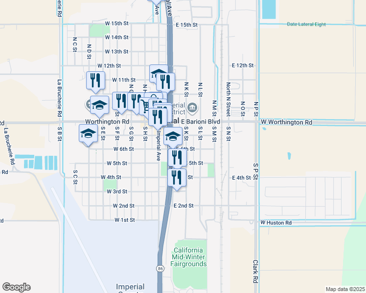 map of restaurants, bars, coffee shops, grocery stores, and more near 221 East 6th Street in Imperial