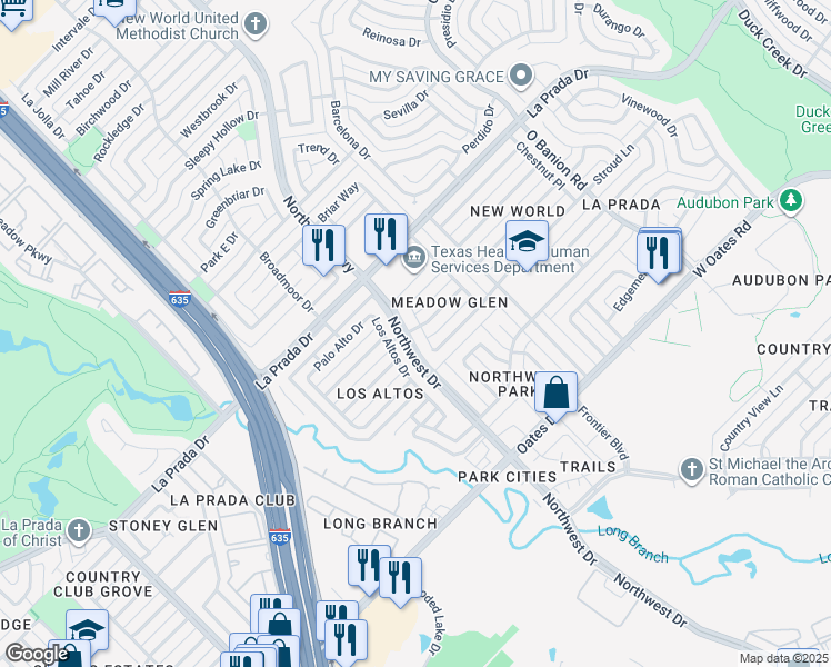 map of restaurants, bars, coffee shops, grocery stores, and more near 1725 Omar Drive in Mesquite