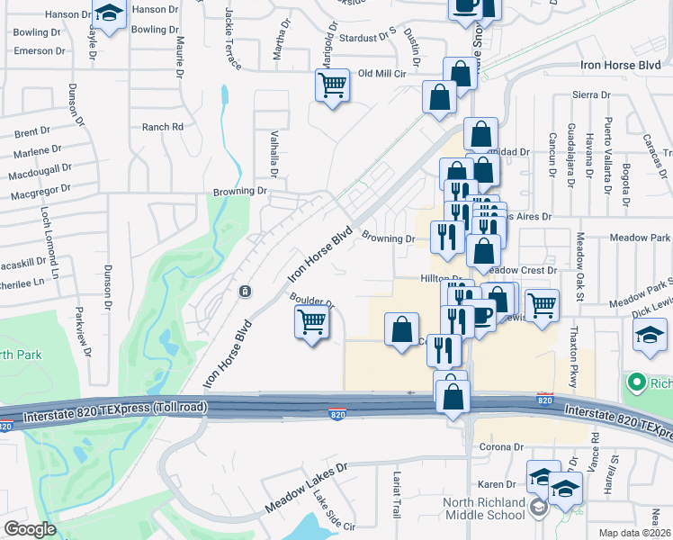 map of restaurants, bars, coffee shops, grocery stores, and more near 6440 Iron Horse Boulevard in North Richland Hills