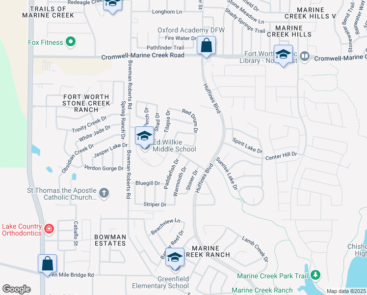 map of restaurants, bars, coffee shops, grocery stores, and more near 5912 Paddlefish Drive in Fort Worth