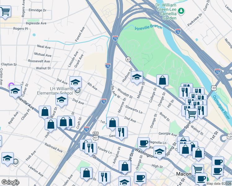 map of restaurants, bars, coffee shops, grocery stores, and more near 1491 5th Avenue West in Macon
