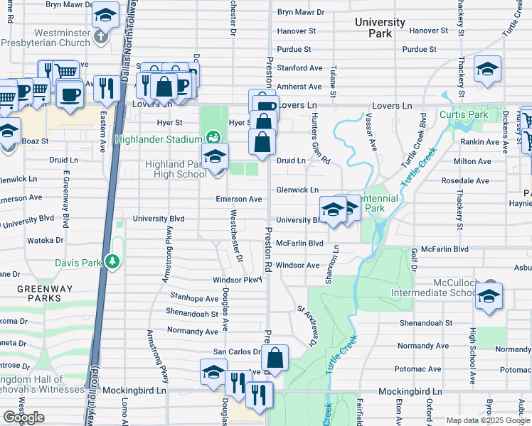 map of restaurants, bars, coffee shops, grocery stores, and more near 4034 University Boulevard in Dallas