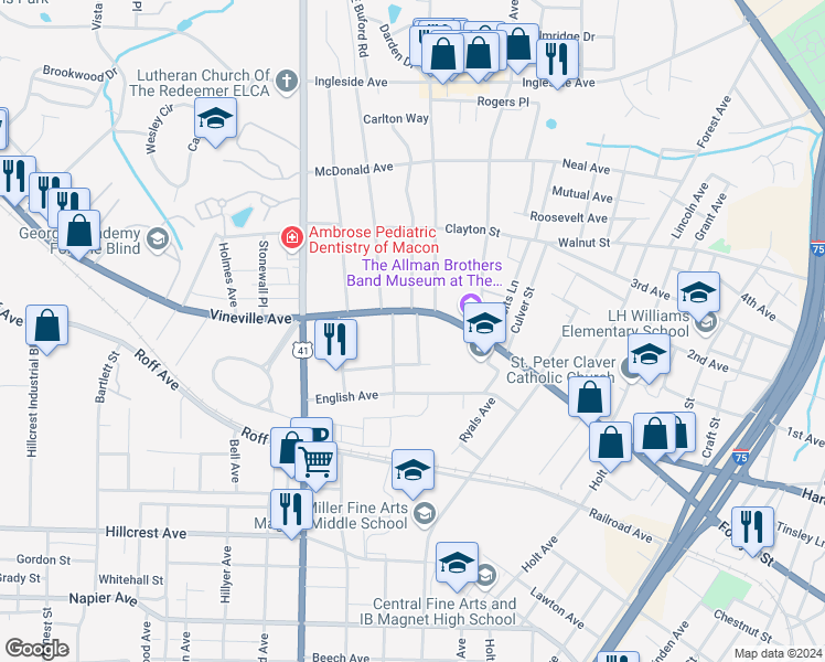 map of restaurants, bars, coffee shops, grocery stores, and more near 135 Buckingham Place in Macon