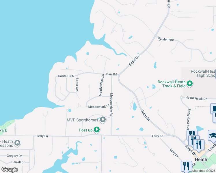 map of restaurants, bars, coffee shops, grocery stores, and more near 504 Meadowview Road in Heath