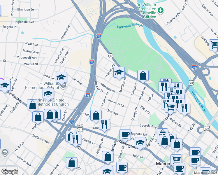 map of restaurants, bars, coffee shops, grocery stores, and more near 1417 Woodliff Street in Macon