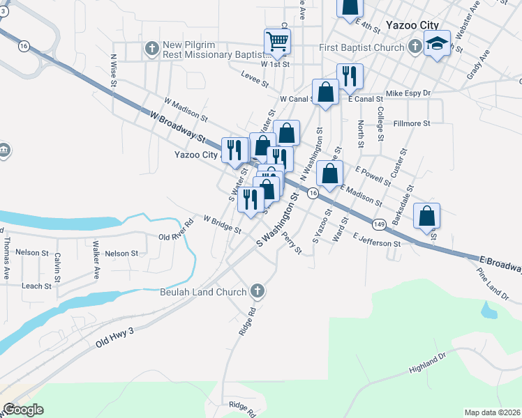 map of restaurants, bars, coffee shops, grocery stores, and more near 230 South Main Street in Yazoo City